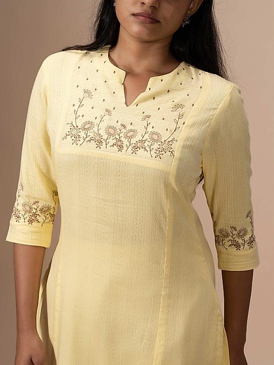 Lemon yellow handloom cotton dobby kurti with embroidery