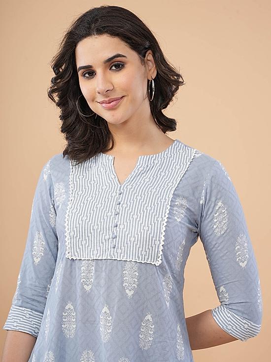 Polo blue cotton flax printed kurti with button placket