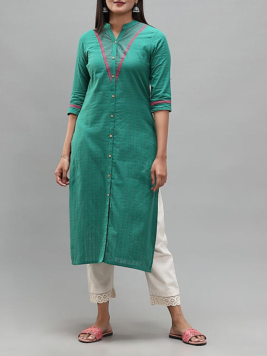 Rama green cotton dobby kurti with embroidery