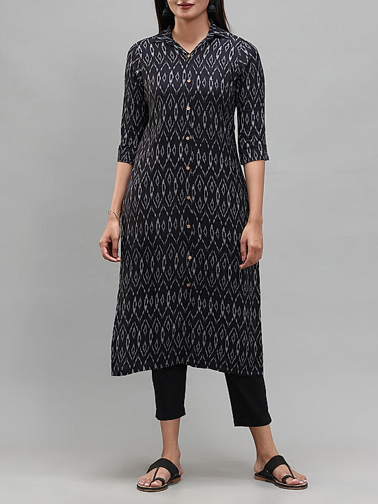 Black viscose printed kurti with button placket