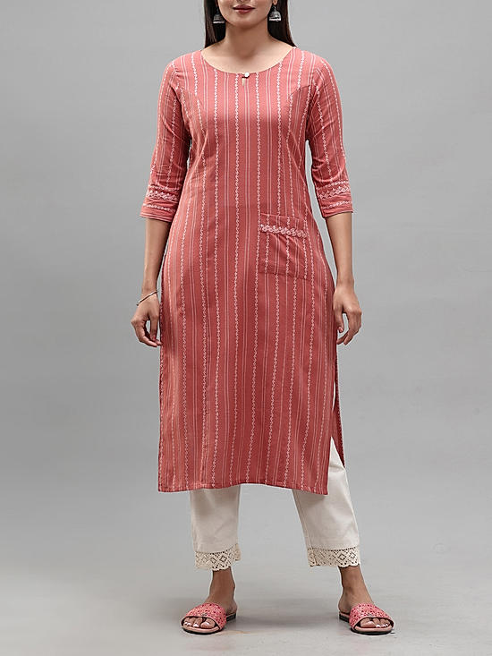 Onion pink cotton dobby kurti with embroidery