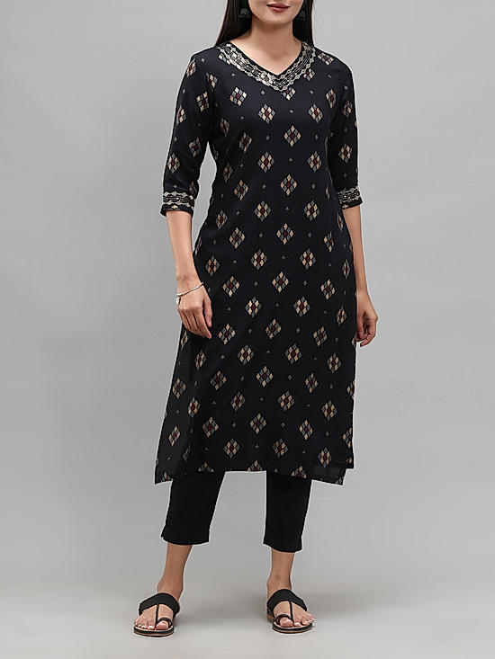 Black viscose kurti with embroidery and sequins work