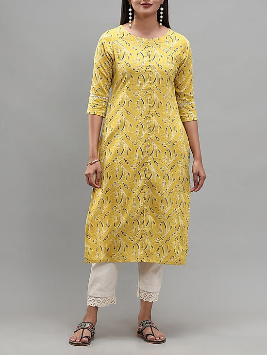 Lemon yellow cotton slub printed kurti with lace detailing