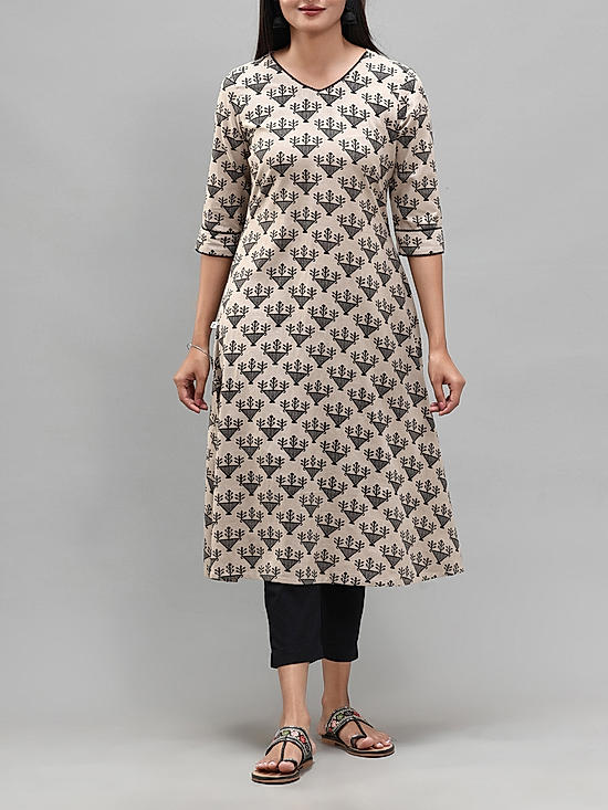 Beige cotton flax printed kurti with lace detailing