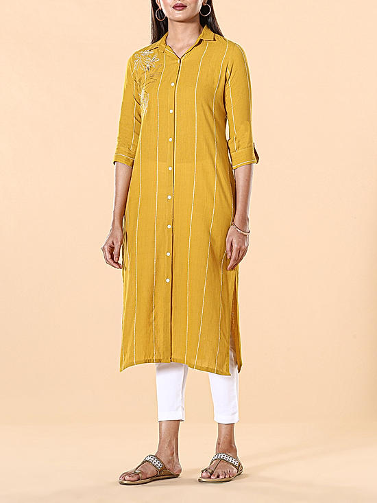 Mustard yellow cotton dobby kurti with shirt collar