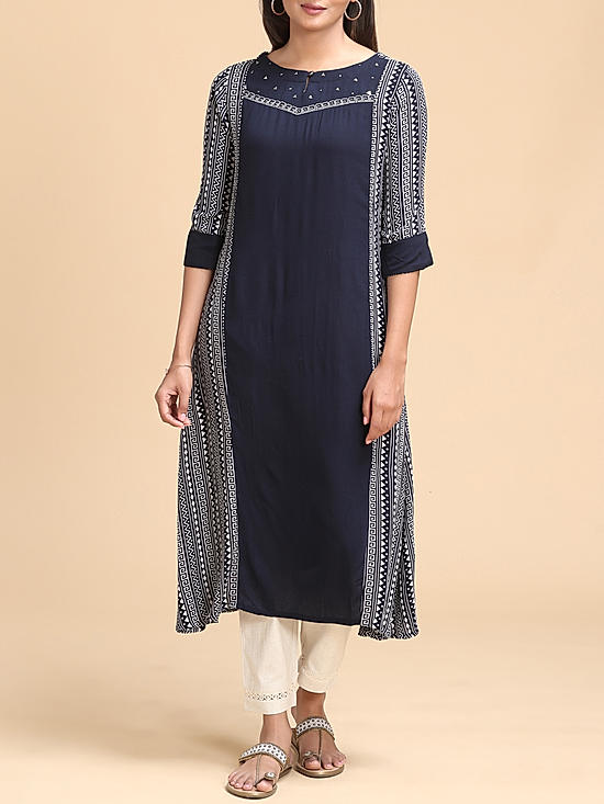 Navy blue viscose kurti with embroidery