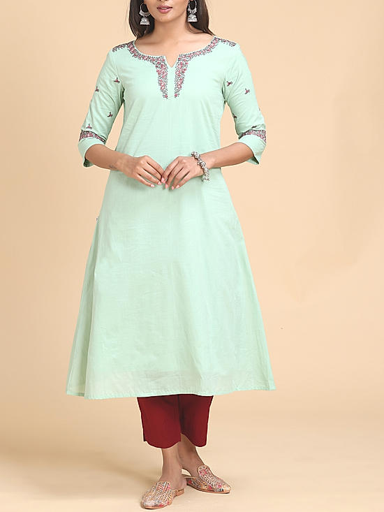 Light green 80's cotton kurti with embroidery