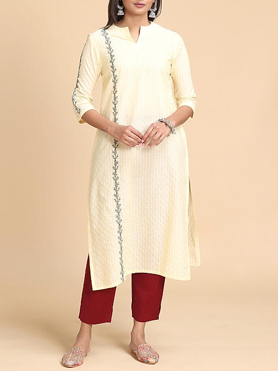 Pale yellow cotton dobby kurti with embroidery