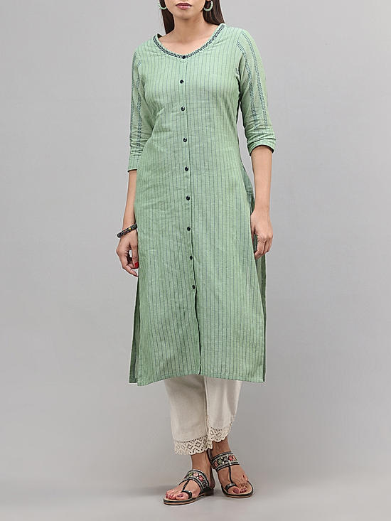 Sage green cotton dobby kurti with embroidery