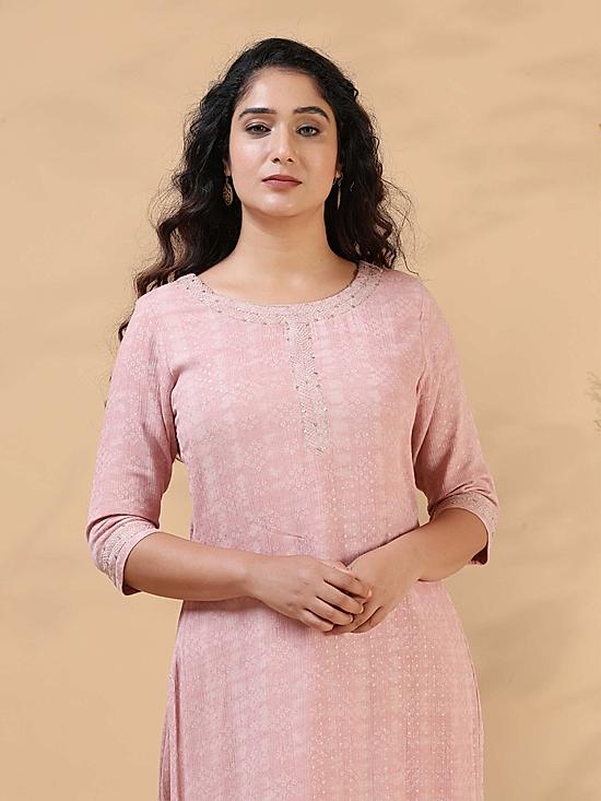 Light pink crushed viscose kurti with embroidery and sequins work