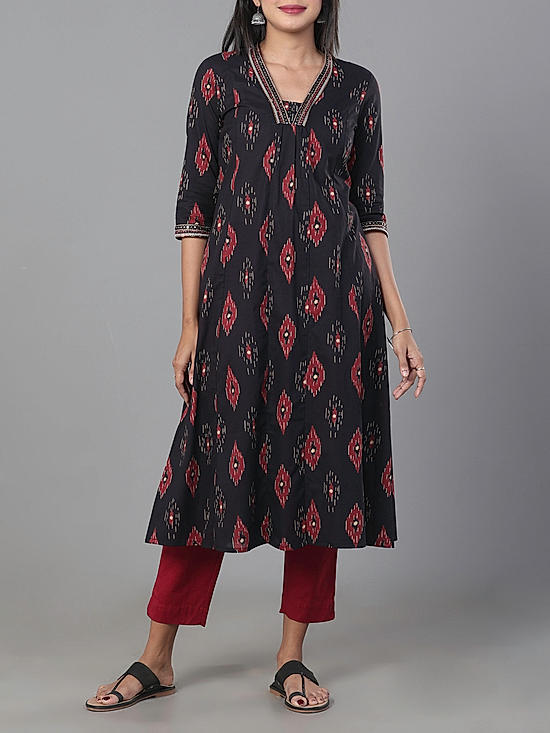 Black 60's cotton printed kurti with embroidery