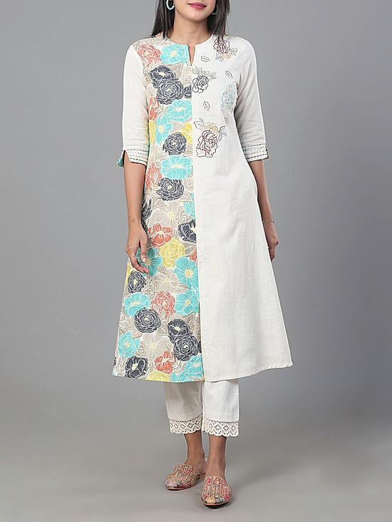 Multi color cotton flax printed kurti with embroidery