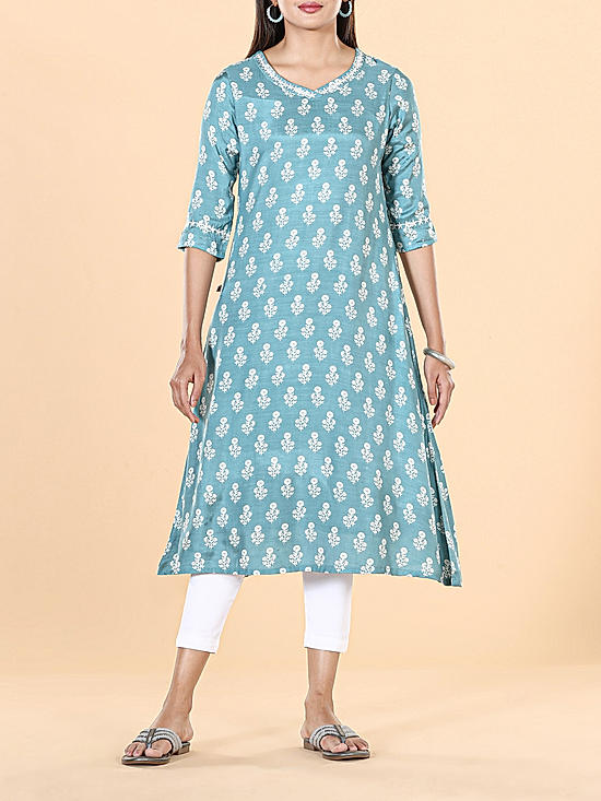 Light blue muslin printed kurti with embroidery and sequins work