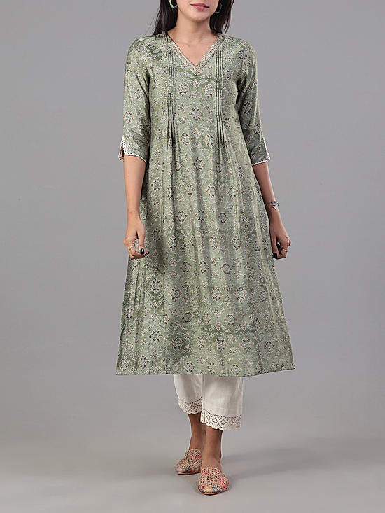 Olive green modal chanderi printed kurti with embroidery