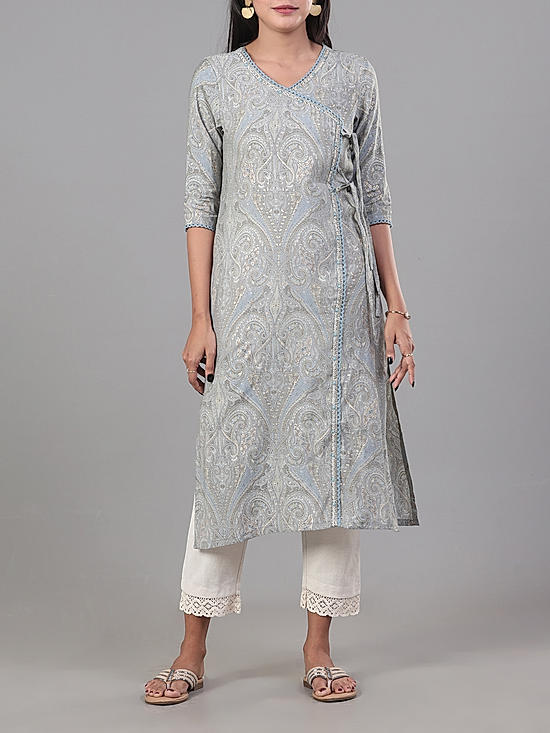 Light grey modal chanderi printed kurti with lace detailing