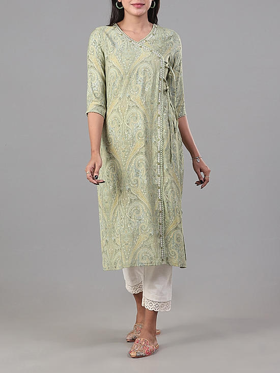 Light green modal chanderi printed kurti with lace detailing