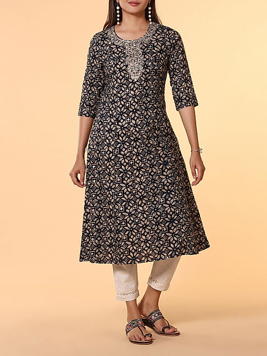 Navy blue 60's cotton printed kurti with embroidery