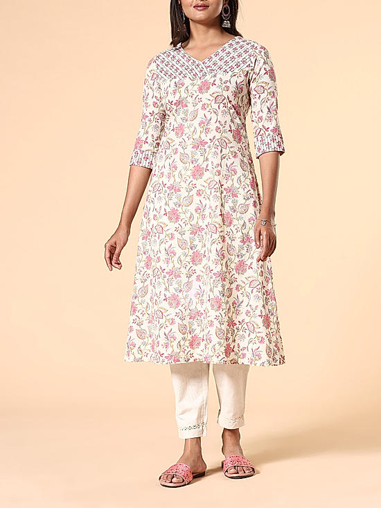 Pink 60's cotton printed kurti with embroidery