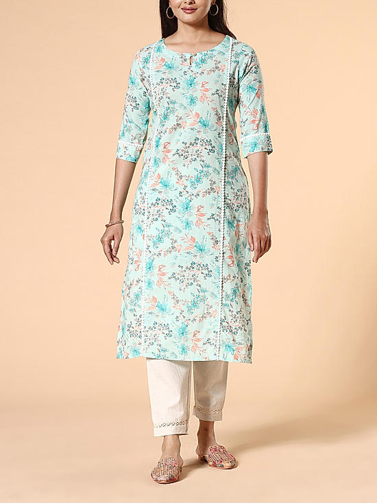 Aqua blue 60's cotton printed kurti with lace detailing