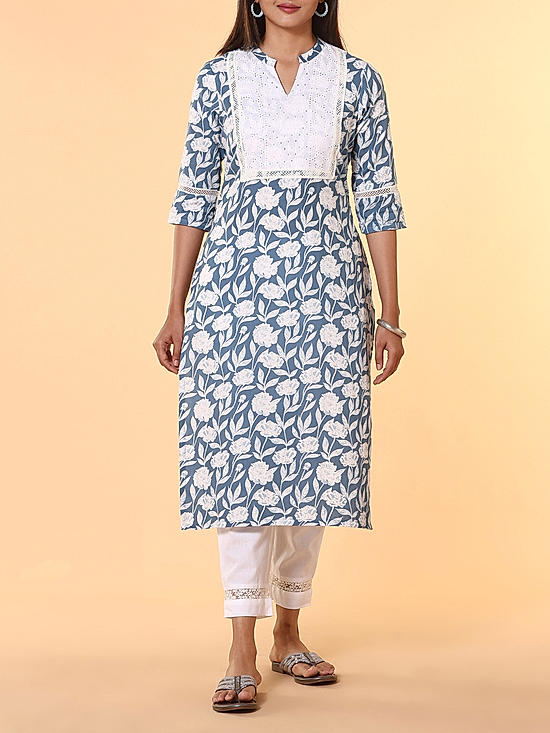 Denim blue cotton flax printed kurti with lace detailing