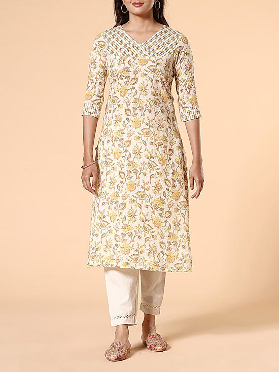 Yellow 60's cotton printed kurti with embroidery