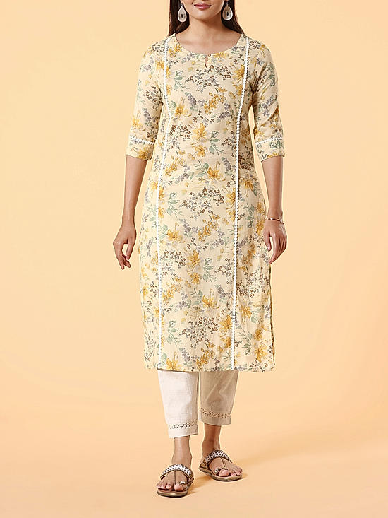 Yellow 60's cotton printed kurti with lace detailing