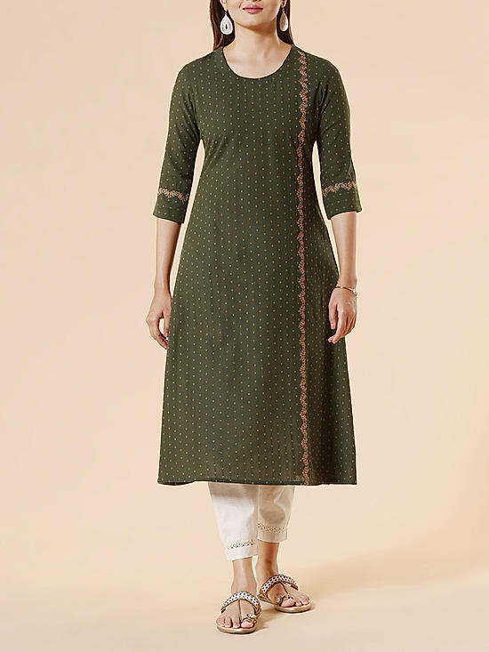 Bottle green cotton dobby kurti with embroidery