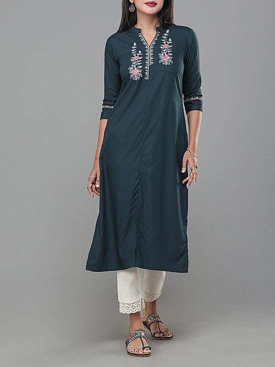 Teal green viscose slub kurti with embroidery