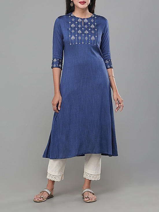 Royal blue viscose slub kurti with embroidery