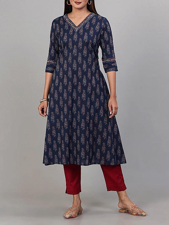 Navy blue 60's cotton printed kurti