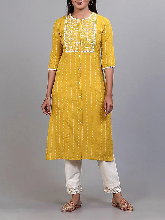 Mustard yellow cotton dobby kurti with embroidery