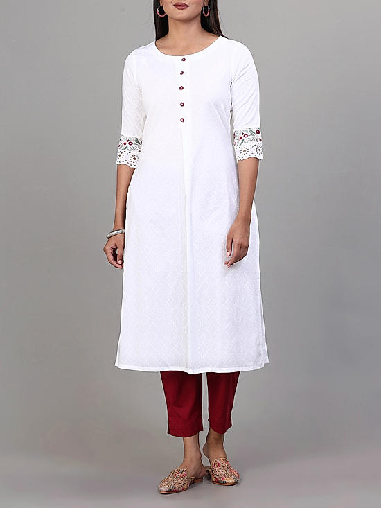 White cotton embroidery kurti with lace detailing