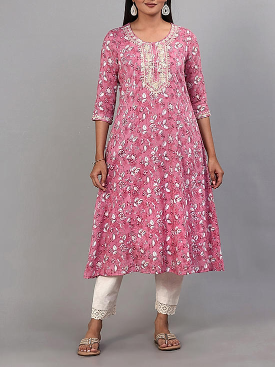 Onion pink 60's cotton printed kurti with embroidery