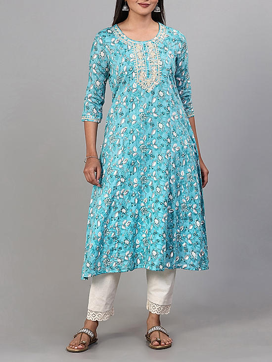 Aqua blue 60's cotton printed kurti with embroidery