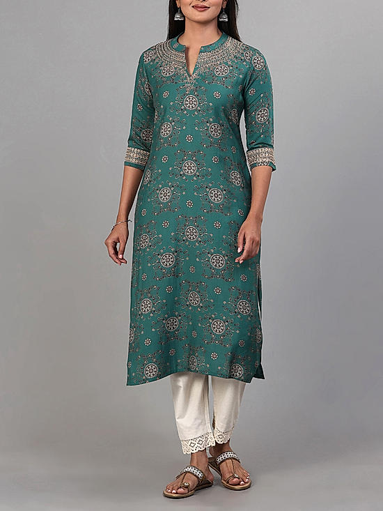 Teal blue modal chanderi kurti with embroidery