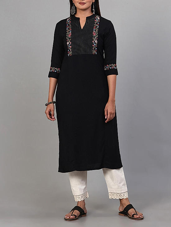 Black viscose slub kurti with sequins work