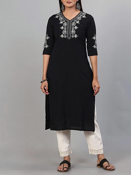 Black cotton dobby kurti with embroidery