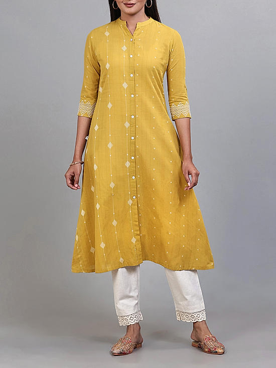 Pale Yellow cotton dobby kurti with embroidery