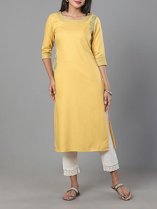 Yellow viscose twlling plain kurti with embroidery