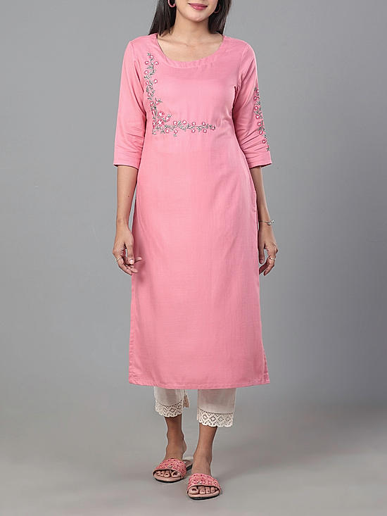 Pink viscose twill plain kurti with embroidery