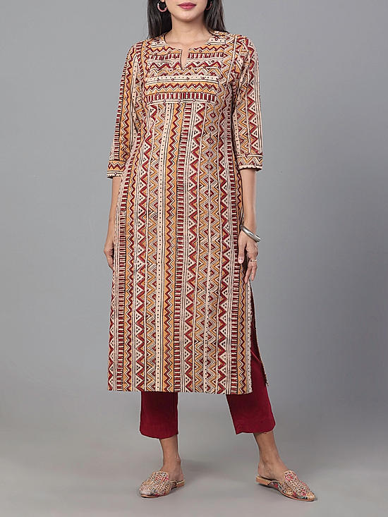 Mustard yellow and maroon 30's cotton printed kurti with mirror work