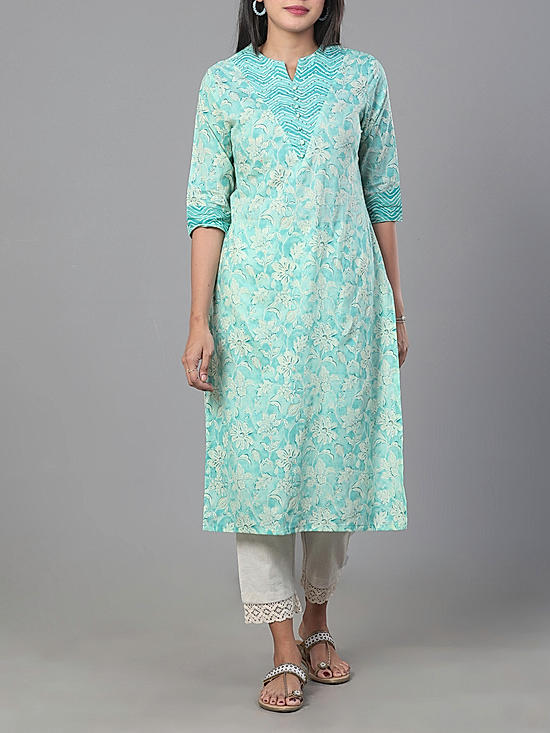 Aqua blue 60's cotton printed kurti with embroidery