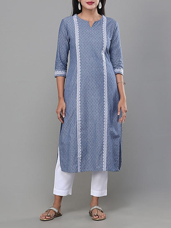 Denimblue cotton dobby kurti with embroidery