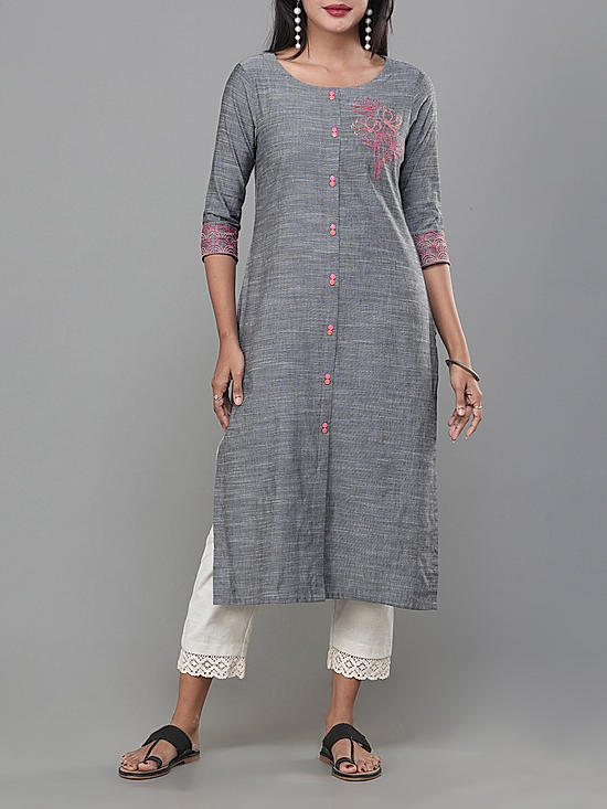 Grey viscose cotton slub kurti with embroidery