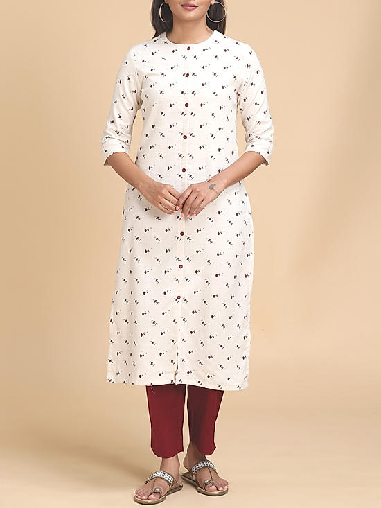 Ivory double cotton kurti with floral print