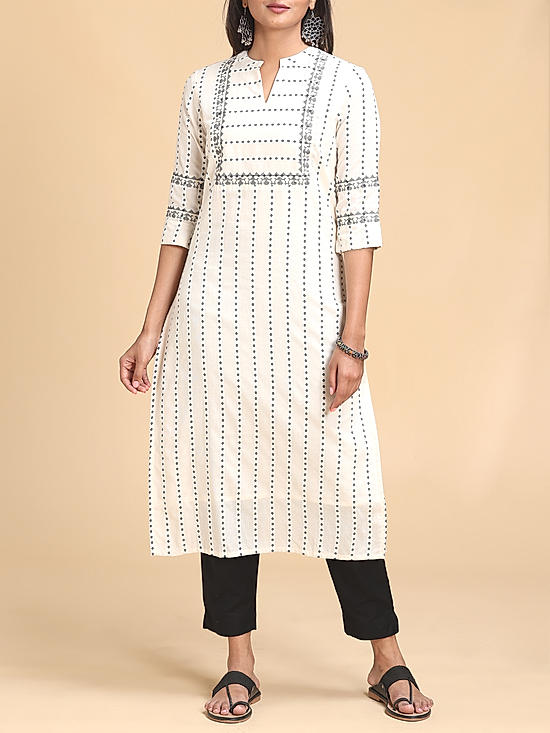 White handloom cotton weaving kurti with embroidery
