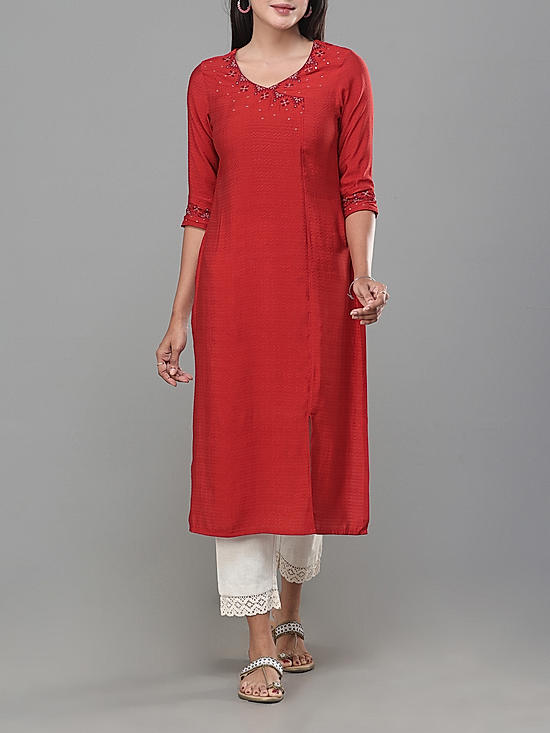 Red viscose plain kurti with embroidery