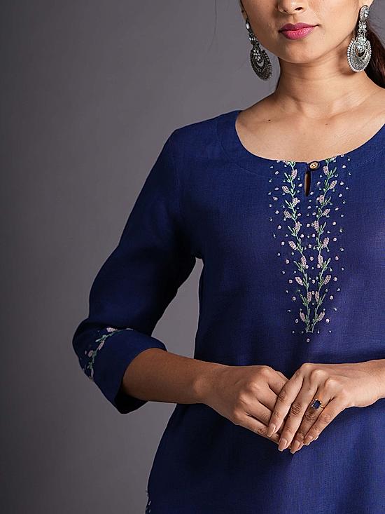 Royal Blue Linen Kurti with Computer Embroidery