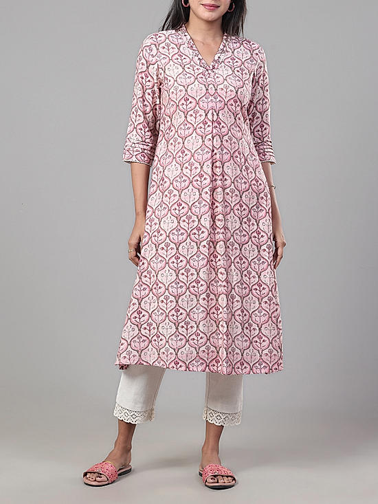 Pink modal chanderi kurti with embroidery