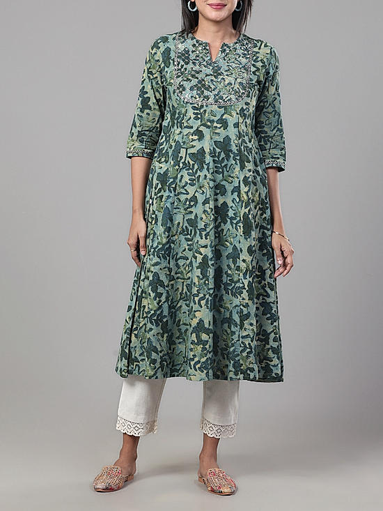 Olive green 60's cotton printed kurti